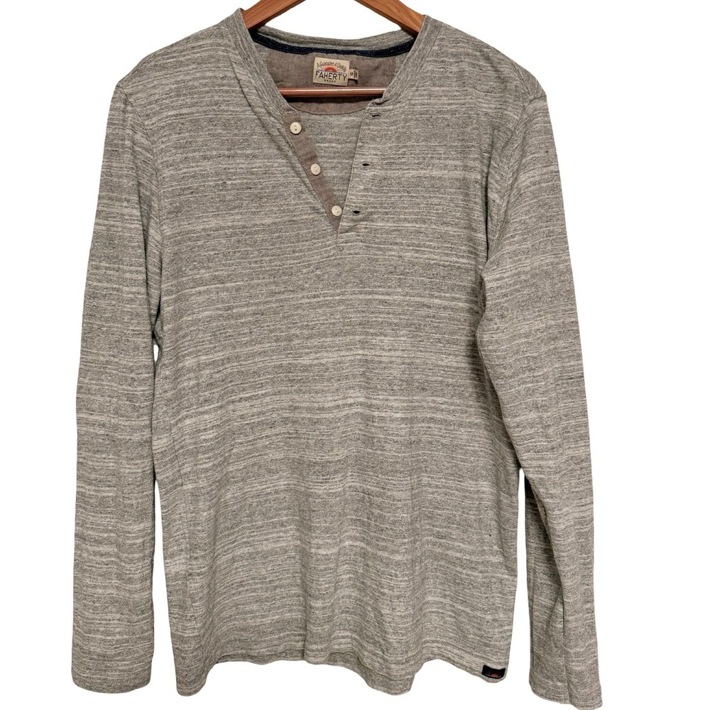 Faherty Mens M Sunwashed Slub Organic Cotton Henley Shirt Gray Heather Layering